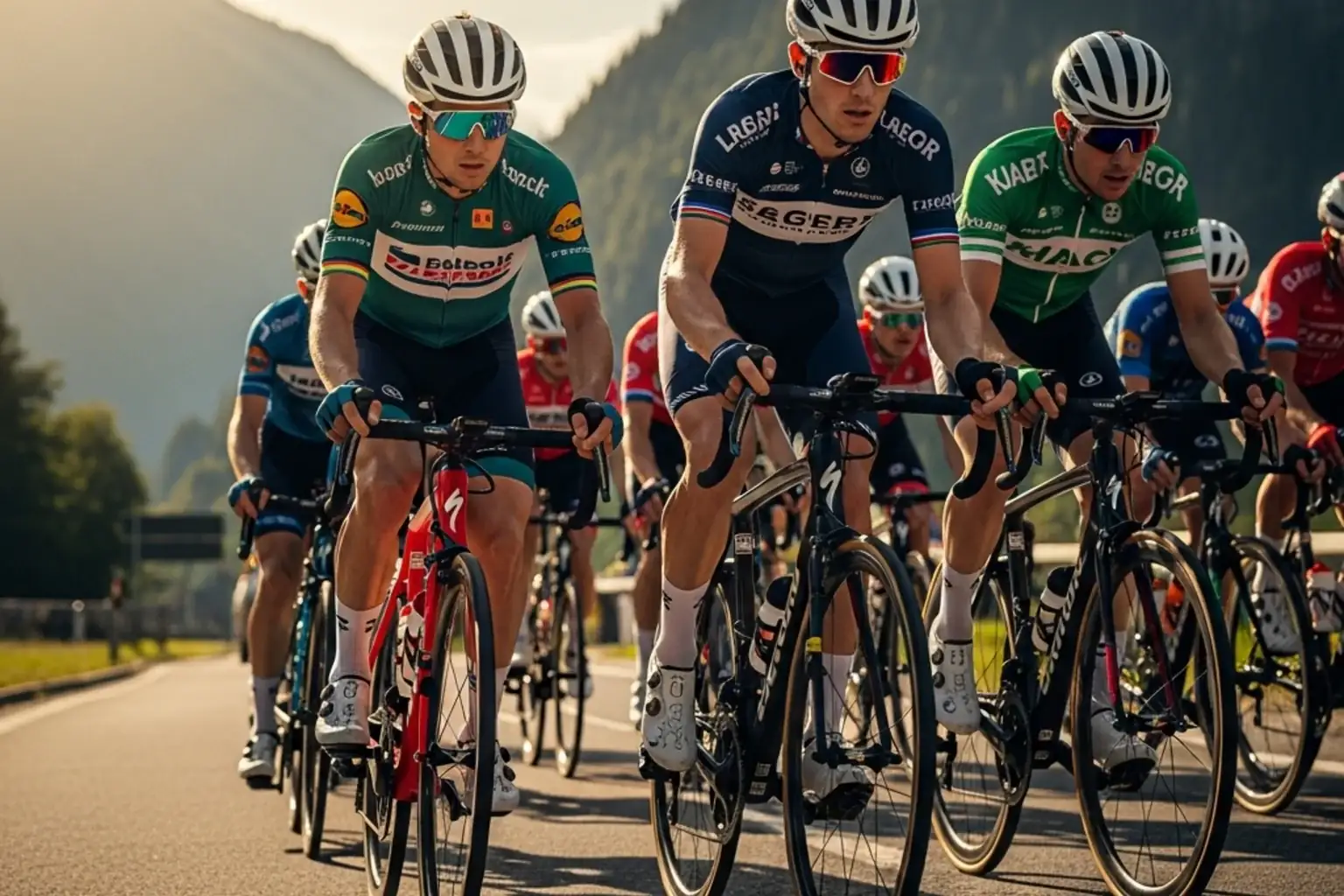 Gruppo di corridori del ciclismo professionistico in piena gara su strada al tramonto